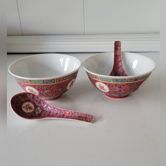 Set of 2-Mun Shou Dipping Bowls w Spoons - Picture 1 of 3
